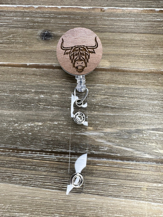 Engraved Highland Cow Retractable ID badge reel